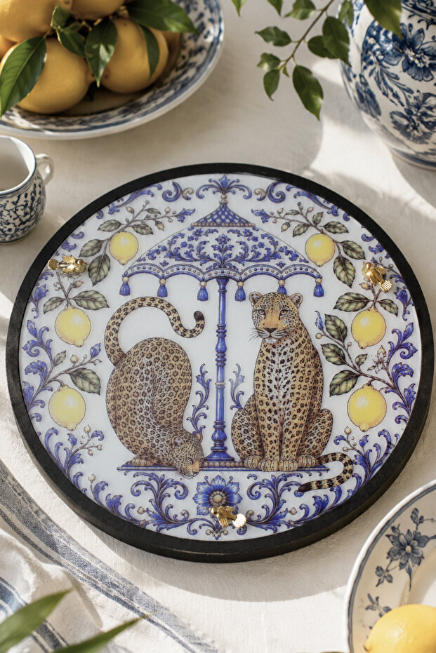 Leopard Patterned Decorative Presentation Tray – Sicilian Themed Lemon Pattern, 34 Cm, Black Edged, Tray with 3 Golden Bird Details