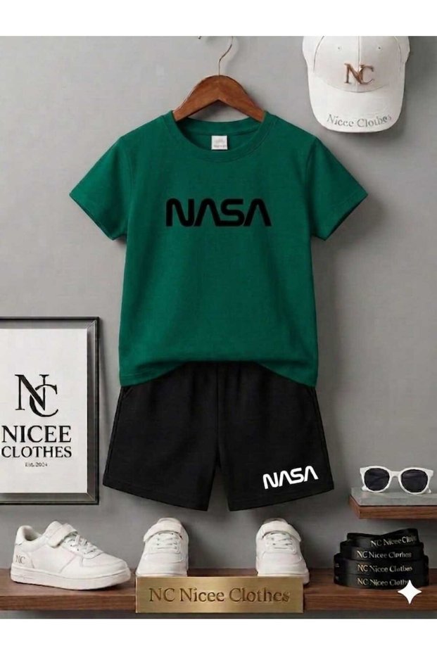 Summer Children's T-Shirt Shorts Unisex (Black with Large Nasa Print in the Middle)