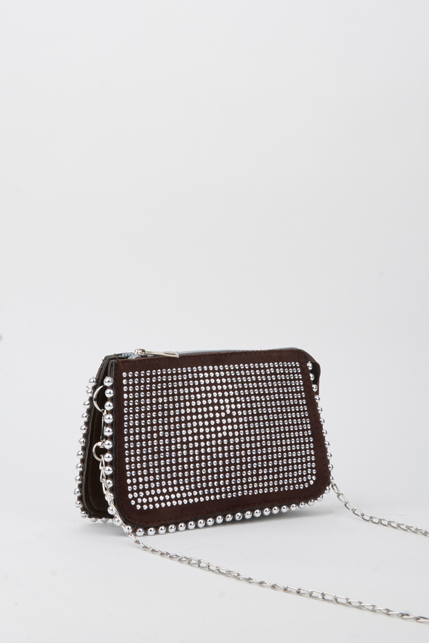 Women's Zerrin Brown Suede Zipper Closure Mini Handbag and Shoulder Bag with Sequined Edges and Stones