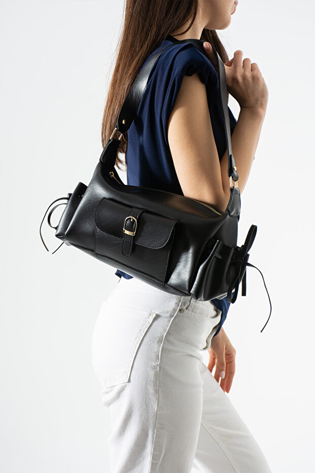 Modern Hand and Shoulder Bag with Buckle Front Pocket Detail, Large Stylish Side Pockets (Length 19 cm Width 33 cm)