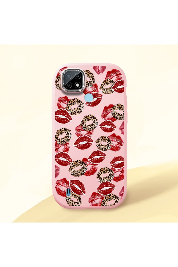 Realme C21 Compatible Case Camera Protector Pink Silicone Couple Phone Case with Kiss Pattern