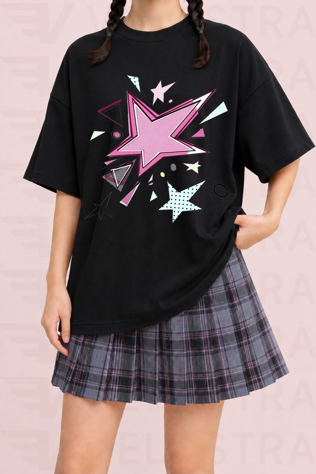 Women's Retro Star Printed Oversize Crew Neck Cotton Casual Combed Cotton T-Shirt