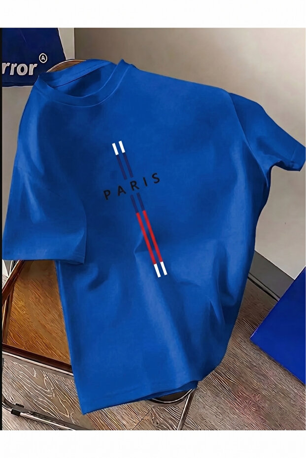 تيشيرت SAX BLUE للجنسين بتصميم باريس عمودي من القطن الممشط