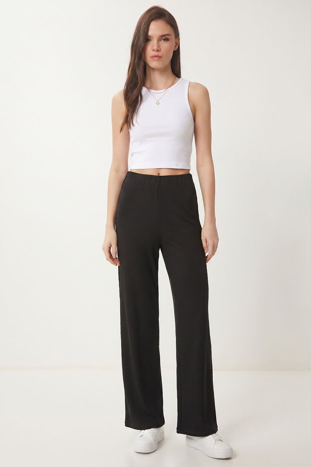 Wide Leg Ribbed Modal Trousers Lub0348 Black