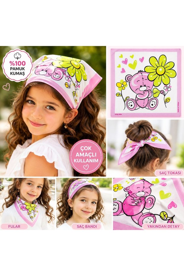 Pink Teddy Bear Patterned Cotton Fabric Bandana Scarf Neck Gaiter Scarf Children's Hair Band Accessory Pink