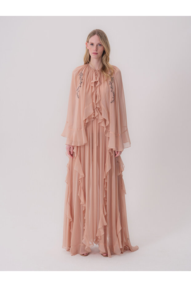 Embroidery and Ruffle Detailed Chiffon Dress