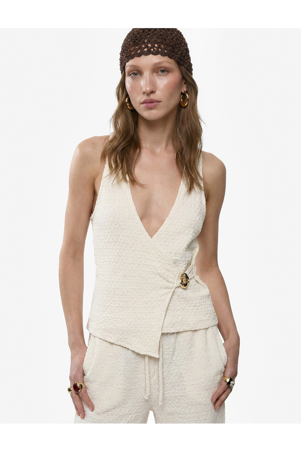 X Melis Ağazat - Double-Breasted V-Neck Sleeveless Blouse with Wrinkled Fabric Texture and Metal Accessories