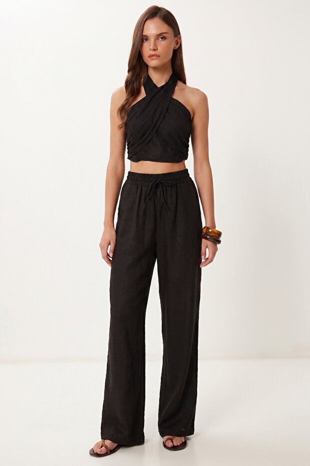 Halter Neck Linen Top and Bottom Set Lby0059 Black