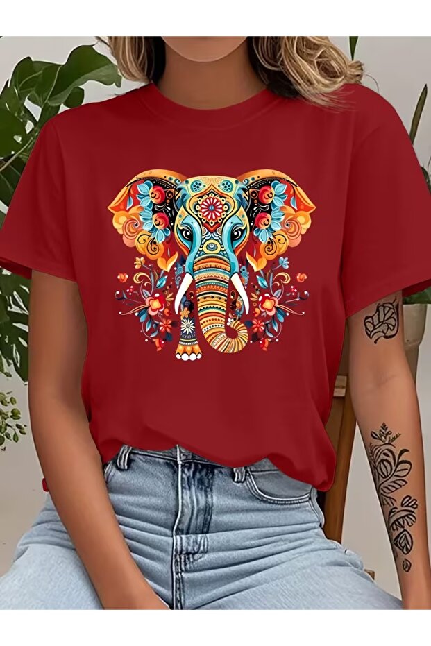 Women's Ethnic Elephant Printed Oversize T-Shirt Loose Fit