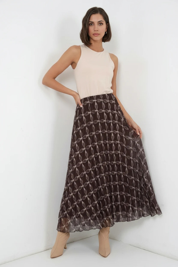 Women's Patterned Chiffon Brown Skirt