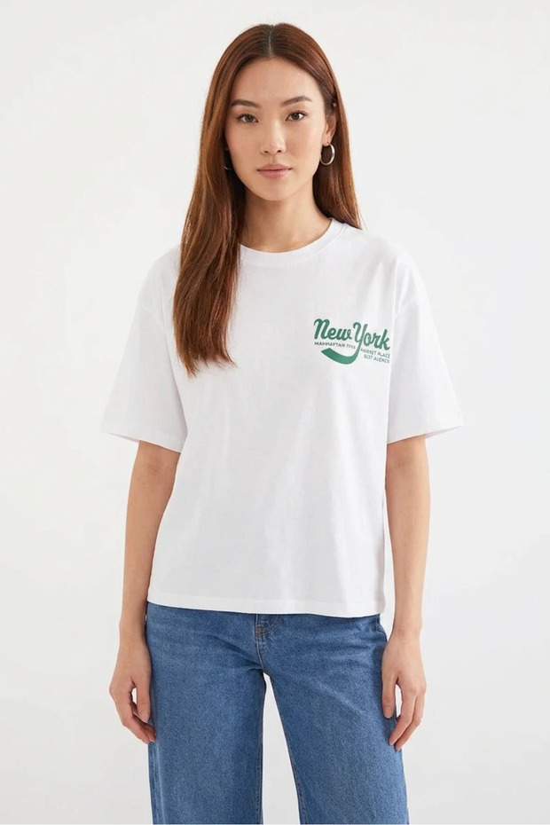 Women's Basic Printed White T-Shirt