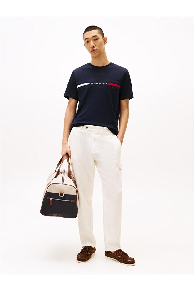 Erkek Göğsü Şerit Detaylı Bisiklet Yaka Kısa Kollu Mavi T-Shirt - 6