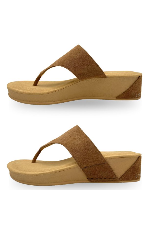 Lollapalooza Aruba Tan Suede Thong Wedge