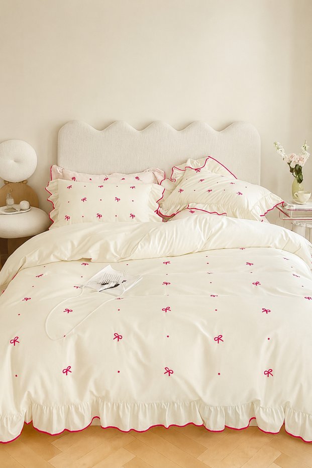Ruffled Ornamented Stitched Duvet Cover Set Claret Red