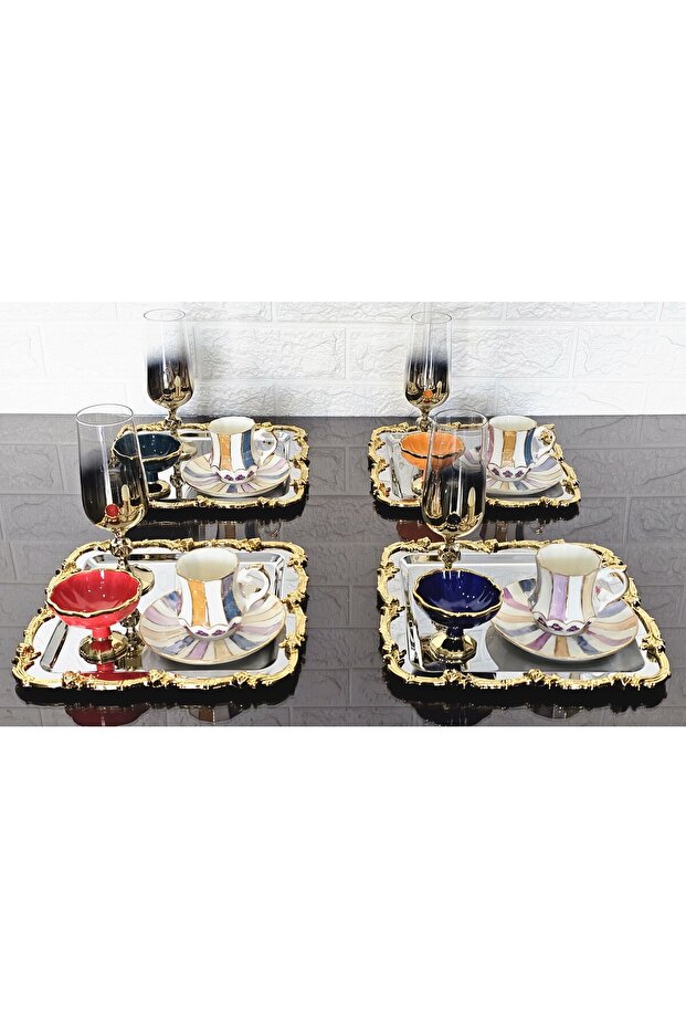 6 Pieces Presentation Tray Lalezar Silver-Gold Tray 22 cm