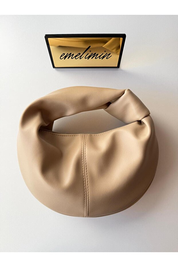 Women's Beige Knot Handle Soft Textured Handbag Modern Croissant Model