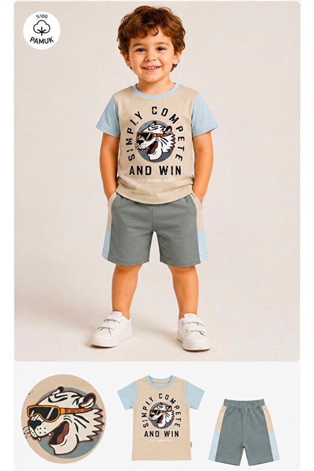 Boy's 100% Cotton Tiger Printed Shorts T-Shirt Summer 2-Piece Set 1-4 Years
