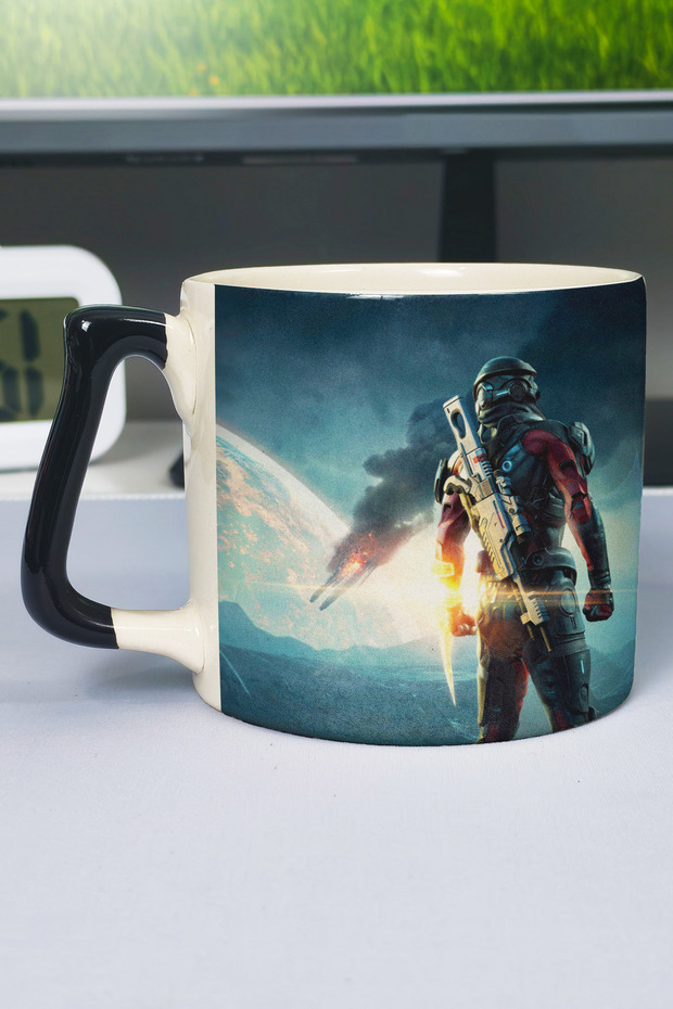 كوب سيراميك فاخر مطبوع عليه Mass Effect (قطعة واحدة) بمقبض أسود خاص بمقبض مموج V3D