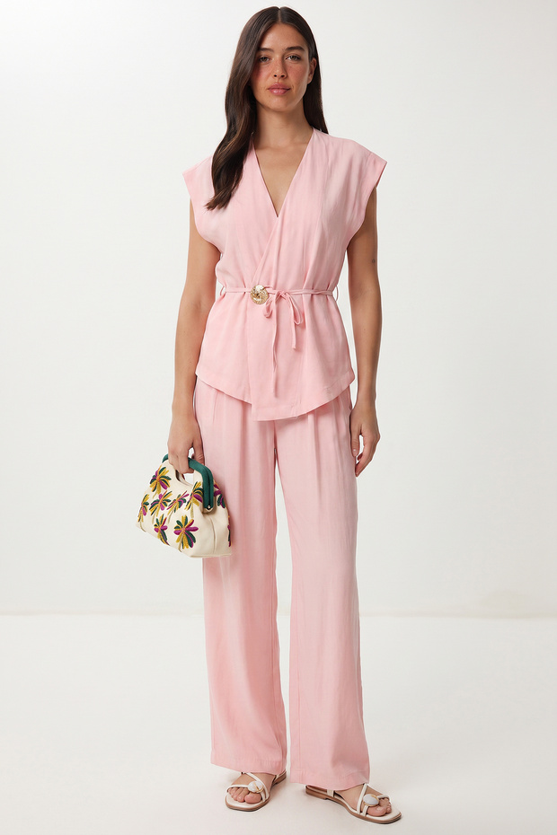 Gold Buttoned Modal Top and Bottom Set Lub0372 Sugar Pink
