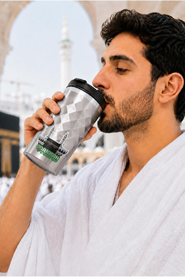 ترموس ميدينا ذو غطاء ووعاء داخلي من الفولاذ المزخرف - رمادي معدني