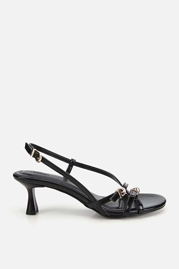 Women's black patent leather gold buckle thin strap low heel sandals