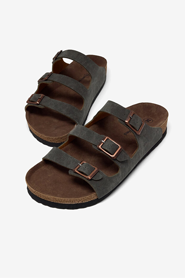 Women's Khaki Comfortable Fit 3 Buckle Strap Slippers