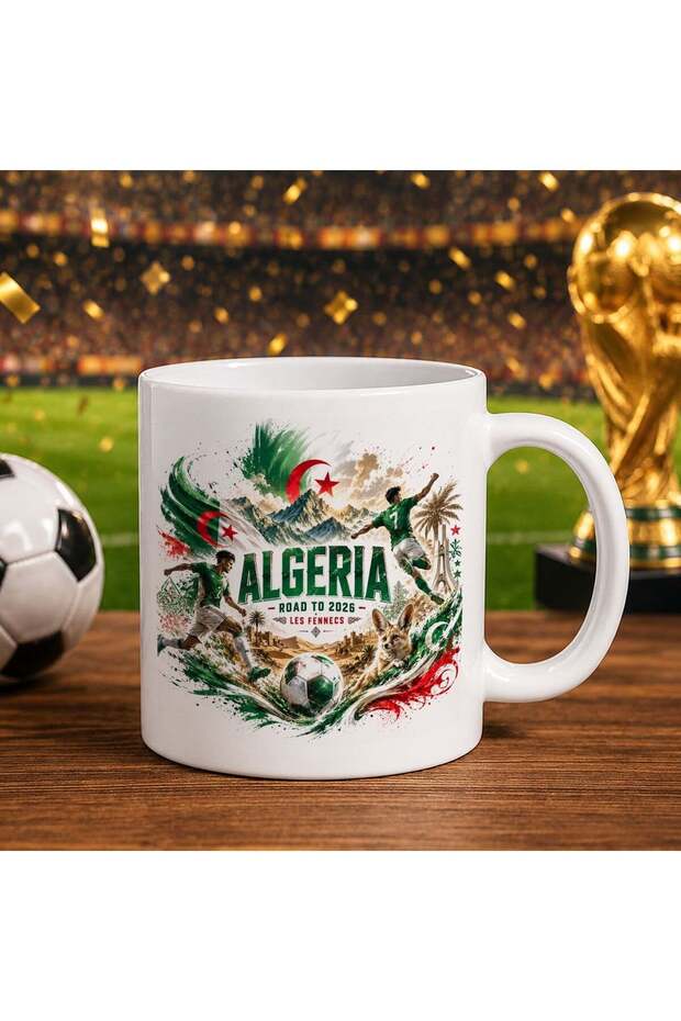 كأس أبيض بتصميم كأس العالم 2026 بتصميم مشجعي الجزائر
