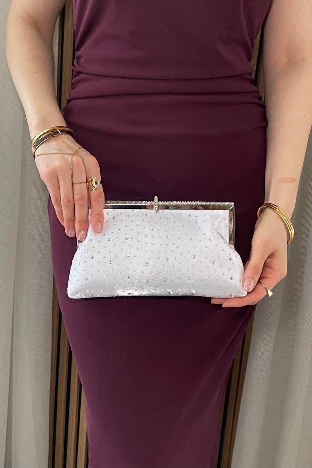 Women's White Satin Stone Evening Dress Bag - Hand and Shoulder Bag with Silver Accessories and Chain Strap
