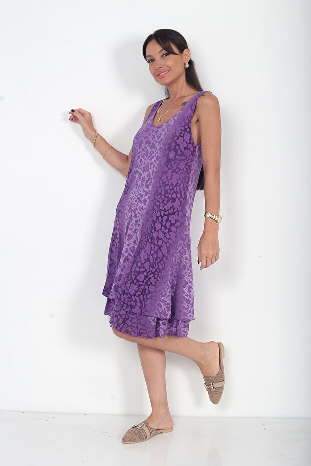 Women's Italian Cotton Leopard Patterned Lined Zero Sleeve Midi Dress