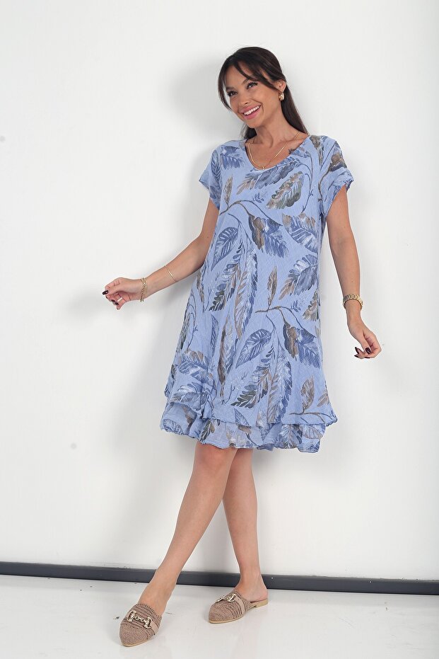 Women's Italian Cotton Leaf Patterned Lined Short Sleeve Dress
