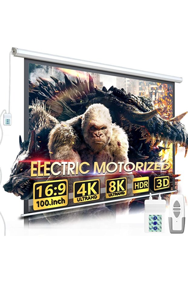100'' Electric Projection Screen, Motorized Pull Down Projector Screen with Remote Control, 16:9 8K 4K HD 3D Retractable Ceiling Wall, Home Theater, Office, Cinema - Premium Quality Drop Down Screen