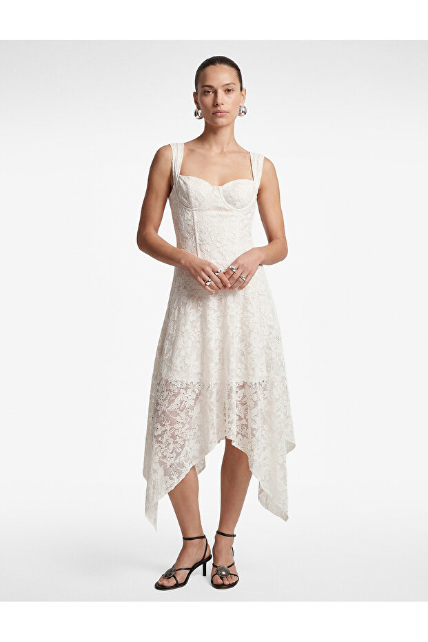 Asymmetrical Cut Corset Detailed Sleeveless Square Neck Lace Evening Dress