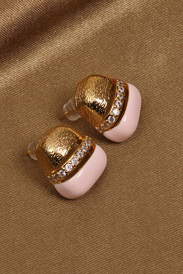 Pink Enamel Gold Color Modern Earrings with Stones in the Middle