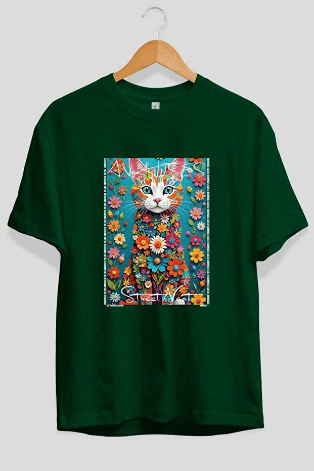 For the Love of Cats 7 Front Cat Printed Green Oversize T-Shirt 100% Cotton Unisex Cat Lover Premium Design