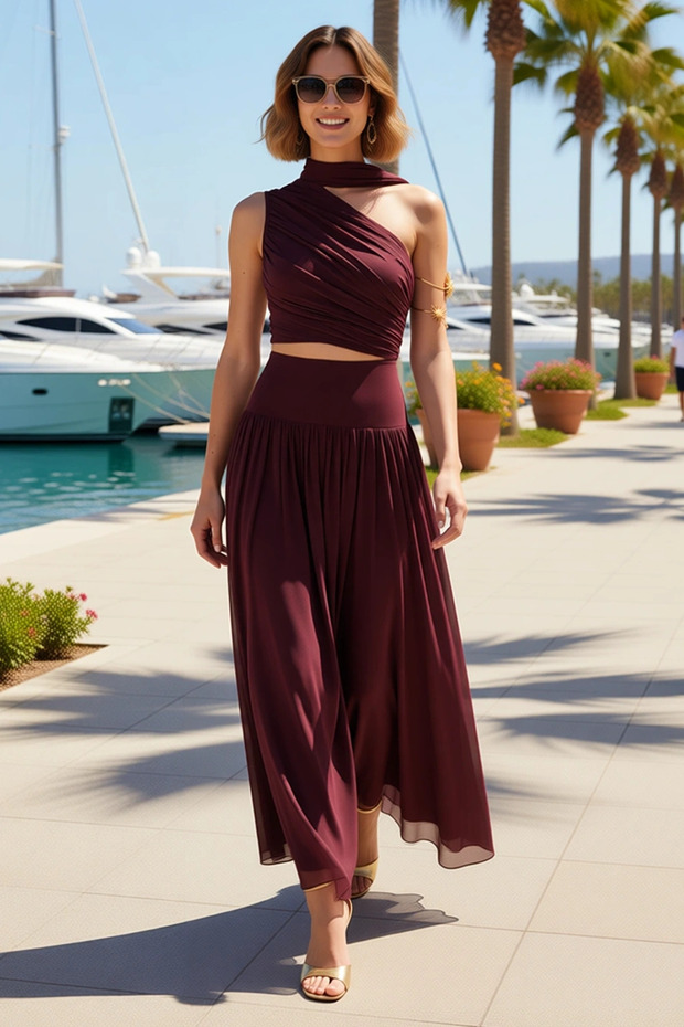 Women's Asymmetrical Collar Sleeveless Crop Blouse Skirt Set Tulle Textured Party Combination Daily Casual Modern