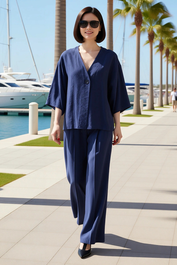 Women's Plus Size V-Neck Three Quarter Sleeve Modal Blouse Pants Set Relaxed Fit Woven Fabric Casual