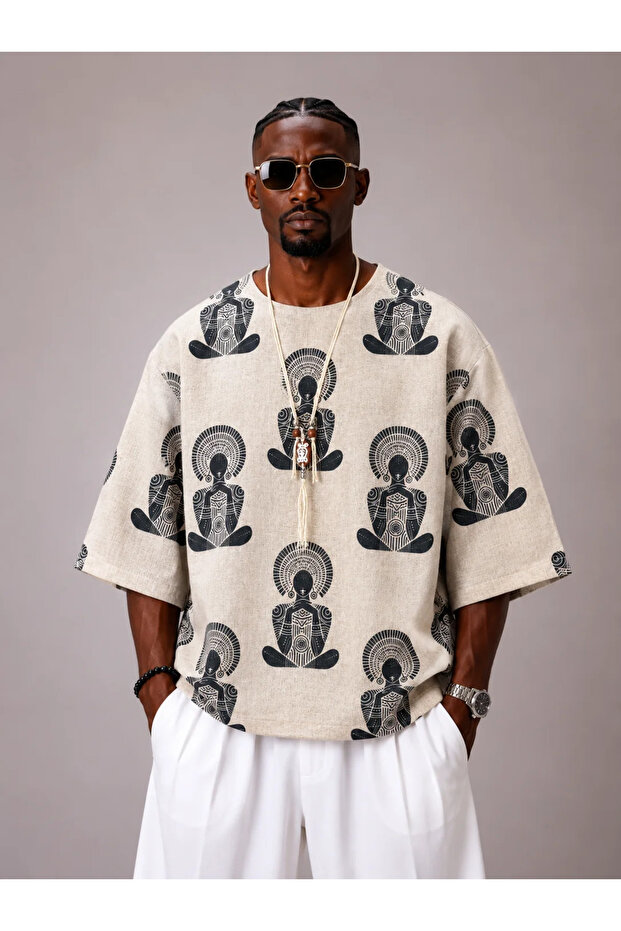 Oversize Cotton Linen Patterned Tshirt - 1