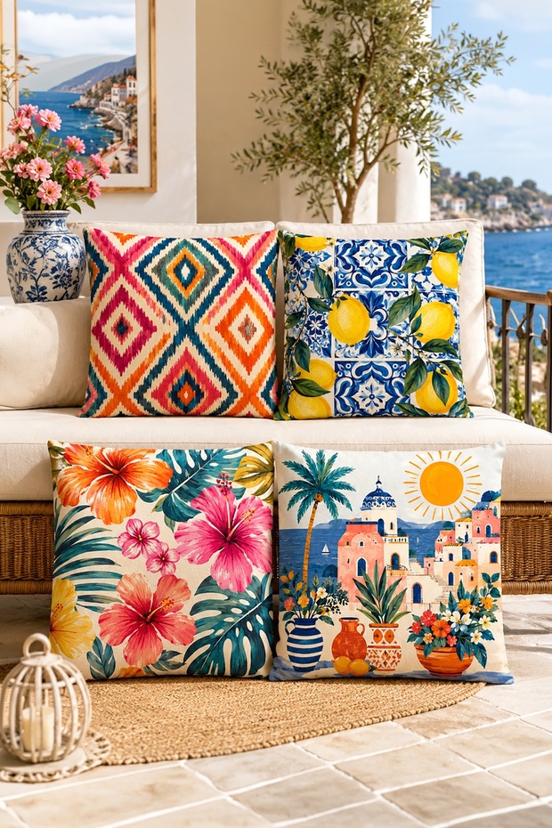 Lemons and Flowers Patterned 4-Piece Throw Pillow Cover Set
