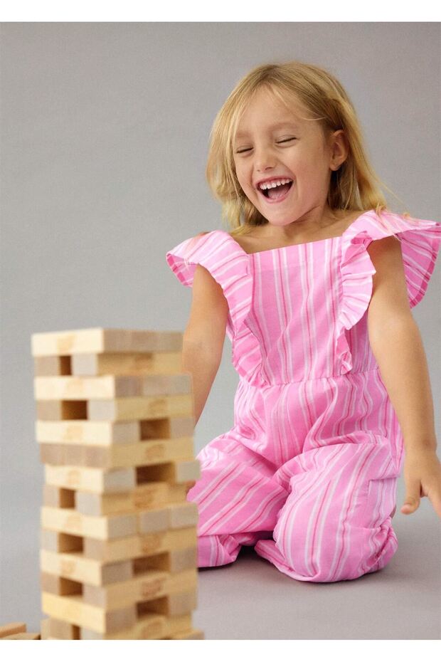 Girl's Striped Ruffle Jumpsuit Pink 3887