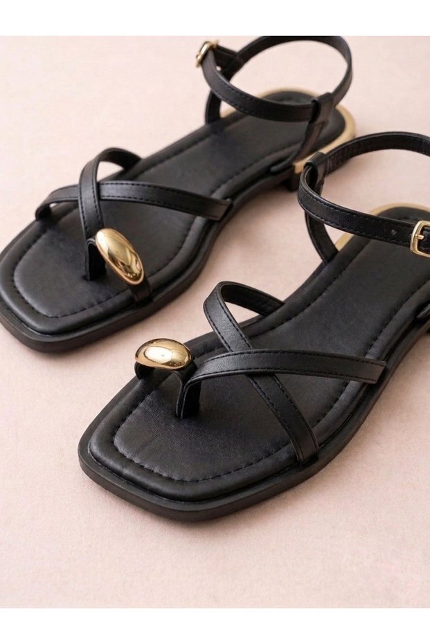 Women's Black Flip-Flop Sandals with Stone Detail and Ankle Buckle for Daily Wear