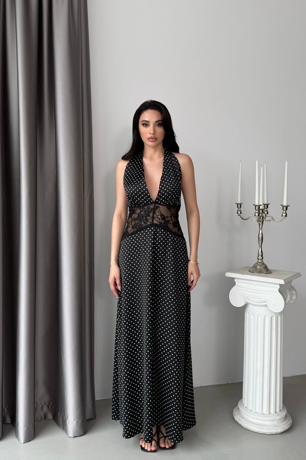 Black Polka Dot Halter Neck Dress with Transparent Waist Detail