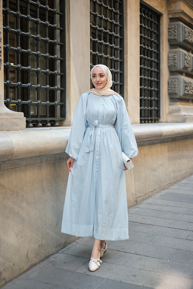 Women's Balloon Sleeve Waist Tie Dress Blue
