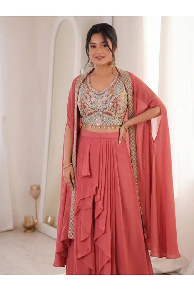 Peach Faux Georgette Embroidered Sharara Set with Cape Shrug - FFT8428 | Peach