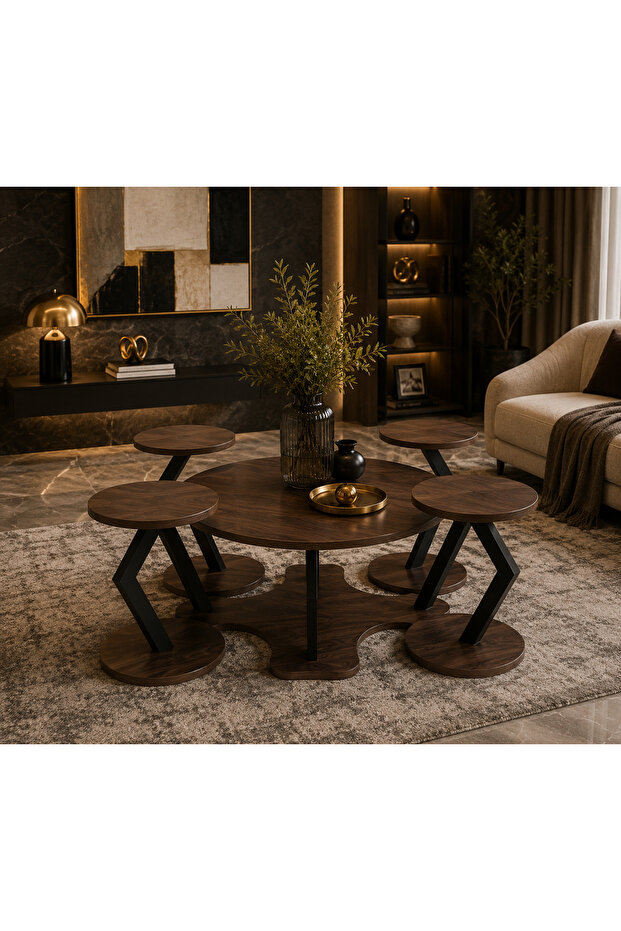 طقم طاولات قهوة متداخلة 5 قطع بتصميم عصري أنيق، يضم طاولة رئيسية بقطر 90 سم و4 طاولات جانبية بقطر 40 سم وارتفاع 44 سم، مثالي للضيافة والديكور والاستخدام اليومي.