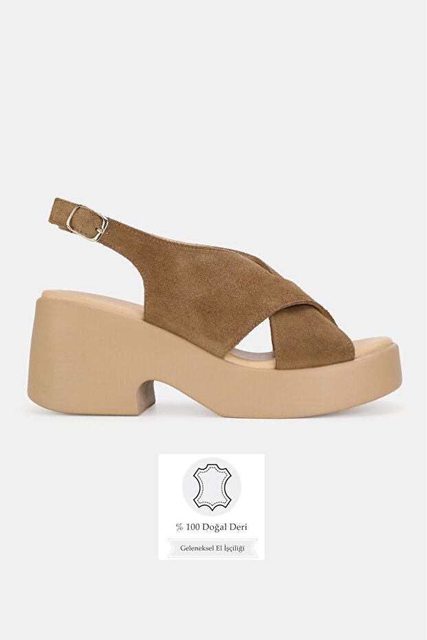 Women's Tan Suede Genuine Leather Thick-Heeled Platform Daily Sandals