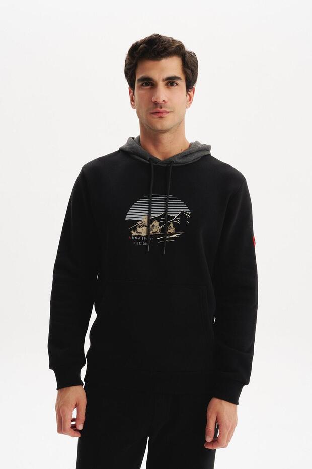 Ar-Ma Men's Hooded Sweatshirt with Text Print, Kangaroo Pocket, Knitted Fabric, Regular Fit, 70% Cotton, 30% Poly