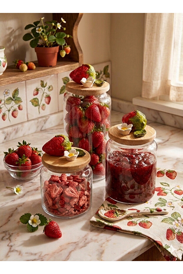 Vacuum Glass Jar Set with Bamboo Lids (3 Pieces) (500 Ml-800 Ml-1300 ml) [Strawberry Detail]