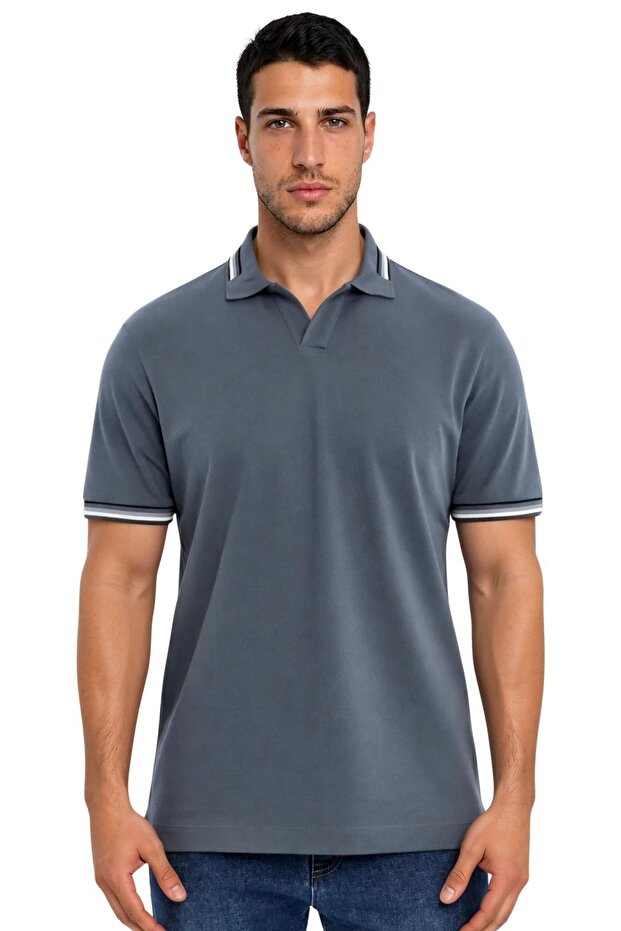 Ar-Ma Men's Polo Collar T-Shirt Without Print Basic Regular Fit Double Collar Combed Cotton Pique Y31374356902 Gray-G3