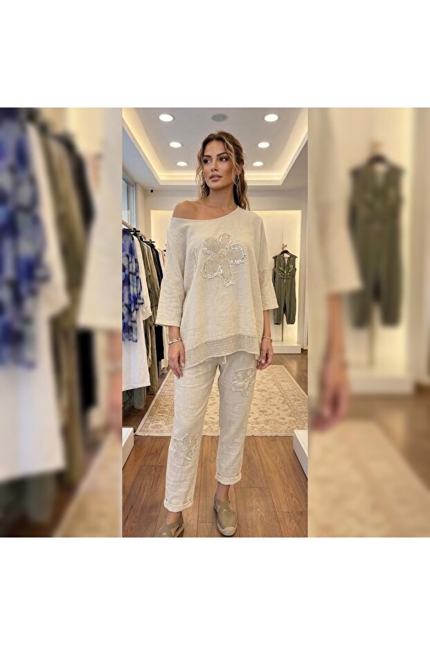 Women's Daisy Embroidered Blouse and Linen Pants Set