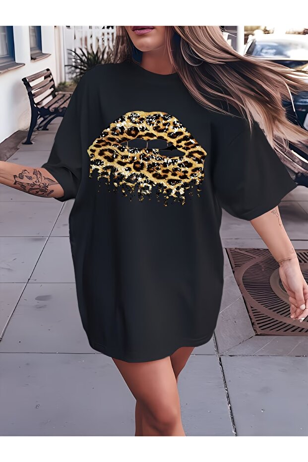 Women's Plus Size Leopard Lip Print Oversize T-Shirt Casual Boyfirend